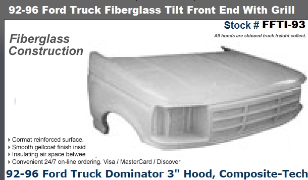 Fiberglass Tilt Front End with Grill 92-96 Ford Trucks